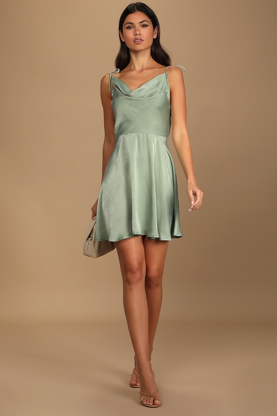 Sage Green Dress - Satin Mini Dress ...